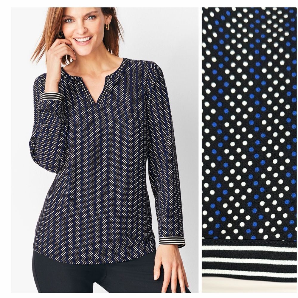 Talbots Women Popover Blouse Split Neck Blue White Black Abstract Dot Print 3X